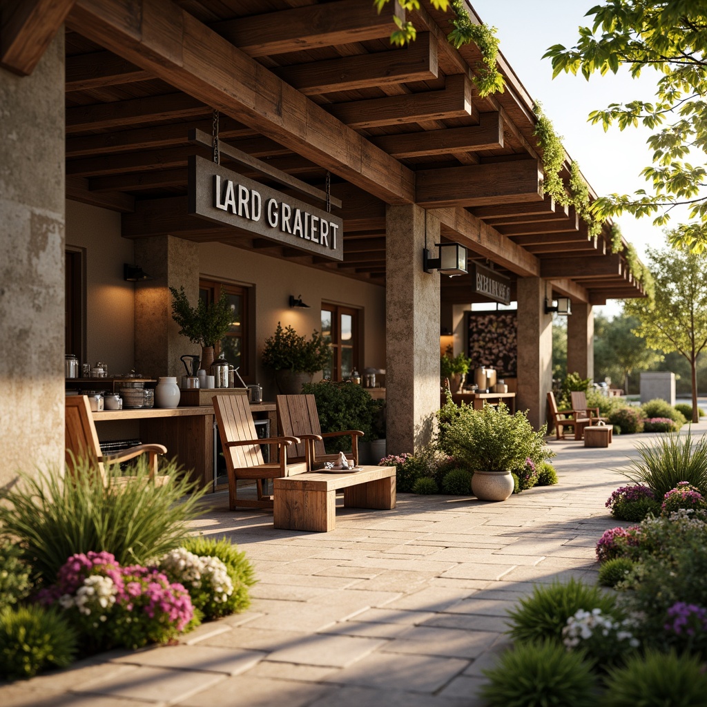 Prompt: Rustic rural shopping center, earthy brown tones, weathered wooden accents, natural stone walls, vibrant greenery, blooming wildflowers, warm sunny day, soft golden lighting, shallow depth of field, 3/4 composition, panoramic view, realistic textures, ambient occlusion, cozy country-style signage, vintage metal lanterns, distressed wood benches, eclectic local artwork, earthy scent of freshly brewed coffee, lively acoustic music, bustling farmer's market atmosphere.