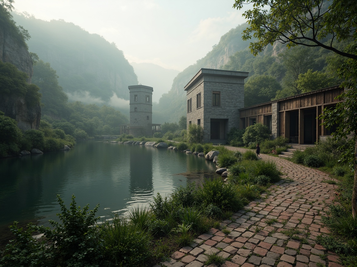 Prompt: Rolling hills, serene lakeside, misty morning, ancient stone towers, worn brick pathways, lush greenery, overgrown vines, rugged rocky outcrops, weathered wooden bridges, rustic lanterns, soft warm lighting, shallow depth of field, 3/4 composition, panoramic view, realistic textures, ambient occlusion, mysterious atmosphere, abandoned ruins, forgotten history, eerie silence.