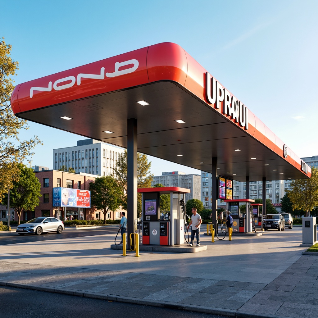 Prompt: Vibrant gas station, modern fuel pumps, sleek canopy design, bold branding signs, digital display boards, LED price displays, wayfinding signage, directional arrows, parking area, concrete pavement, urban landscape, morning sunlight, shallow depth of field, 1/1 composition, realistic textures, ambient occlusion.