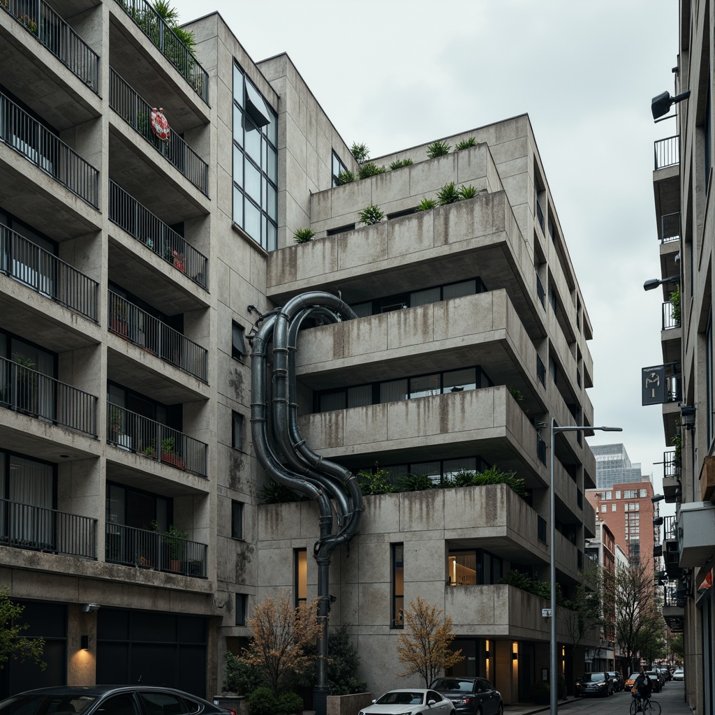 Prompt: Modern brutalist building, exposed concrete walls, rugged stone textures, contrasting smooth glass surfaces, metallic accents, industrial pipes, urban cityscape, overcast sky, dramatic shadows, high-contrast lighting, abstract composition, cinematic atmosphere, gritty realism, intricate architectural details, weathered materials, distressed finishes.