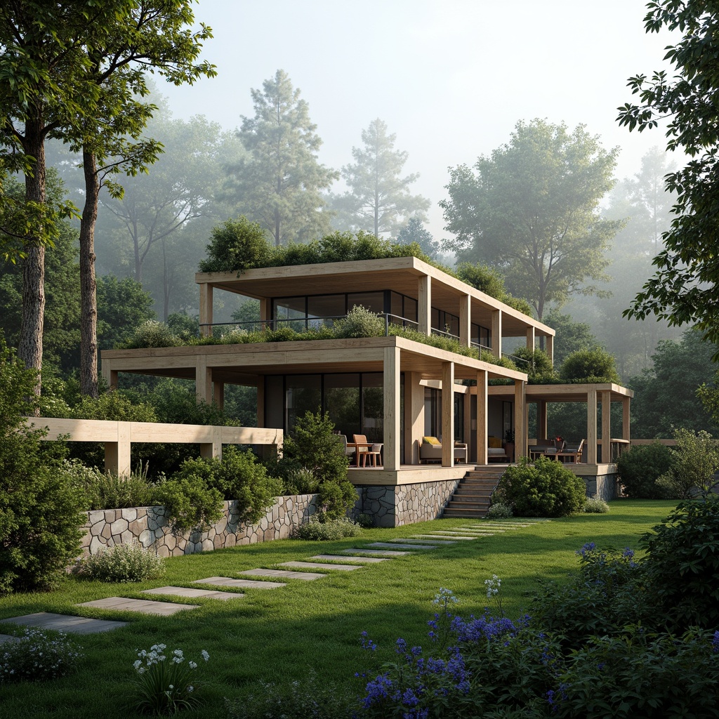 Prompt: Sustainable eco-friendly building, harmonious blend of architecture and nature, lush green roofs, living walls, natural stone fa\u00e7ade, reclaimed wood accents, large windows, minimal carbon footprint, solar panels, rainwater harvesting system, organic gardens, native plant species, bird-friendly design, insect hotels, serene forest surroundings, misty morning atmosphere, soft diffused lighting, 1/1 composition, intimate depth of field, realistic textures, ambient occlusion.