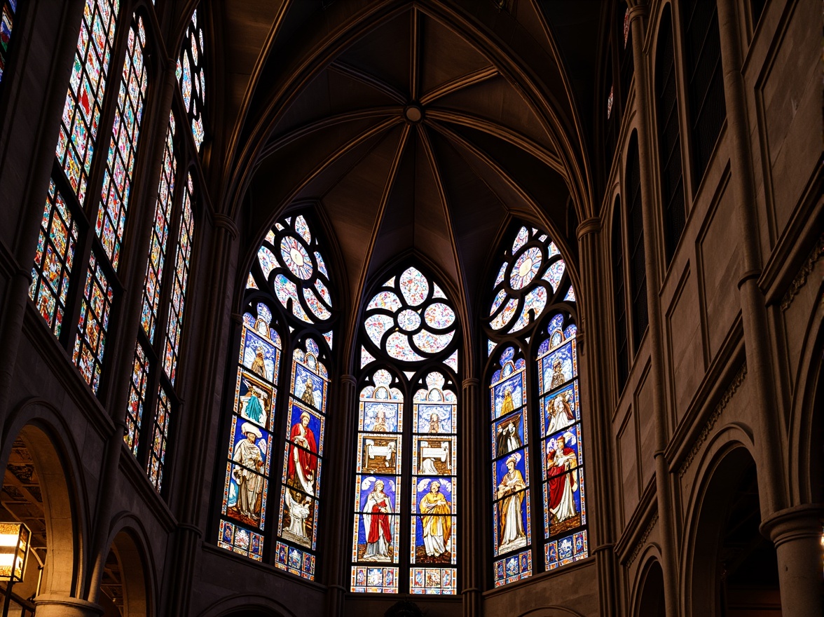 Prompt: Vibrant stained glass windows, intricate medieval designs, kaleidoscopic colors, ornate stone cathedrals, grandiose vaulted ceilings, ribbed arches, flying buttresses, majestic rose windows, luminous nave, soft diffused light, warm golden tones, sacred Christian symbols, biblical narratives, ornamental tracery, Gothic Revival style, rich textures, historic landmarks, serene atmosphere, peaceful ambiance.