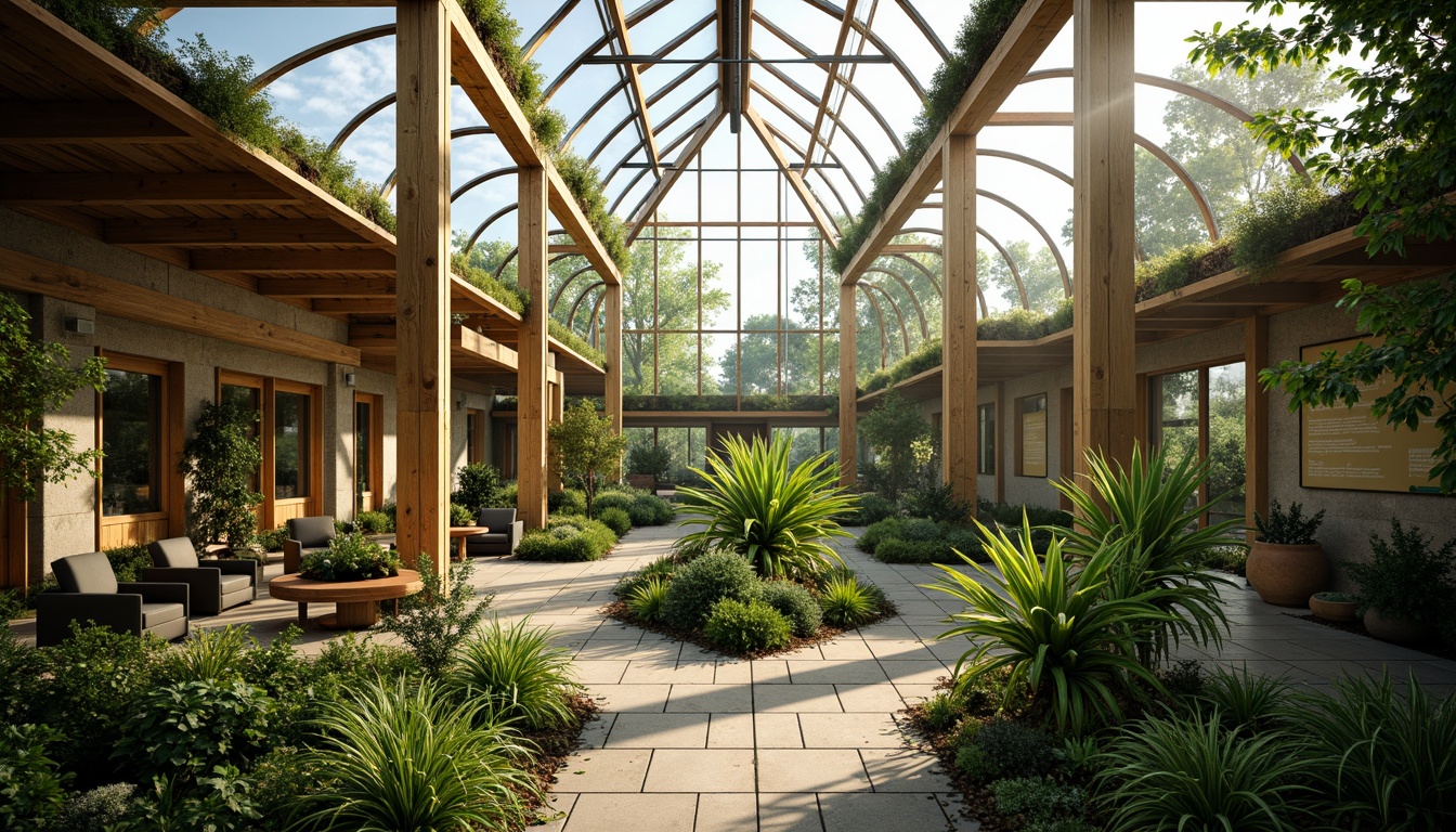 Prompt: Vibrant greenhouse, lush foliage, natural stone walls, wooden accents, earthy tones, moss-covered roofs, warm sunlight, soft diffused lighting, 1/2 composition, intimate atmosphere, realistic textures, ambient occlusion, educational signs, modern minimalist architecture, floor-to-ceiling glass windows, sliding doors, tropical plants, humid environment, misting systems, natural ventilation, sustainable energy solutions.