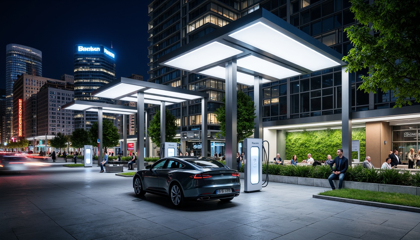 Prompt: Modern electric vehicle charging station, sleek metal canopy, gleaming LED lights, minimalist design, futuristic aesthetic, urban cityscape, busy streets, vibrant night scene, neon signs, concrete pavement, stainless steel columns, glass roofs, solar panels, eco-friendly materials, innovative charging technology, rapid charging points, comfortable waiting lounge, modern seating, green walls, ambient lighting, shallow depth of field, 3/4 composition, realistic textures.