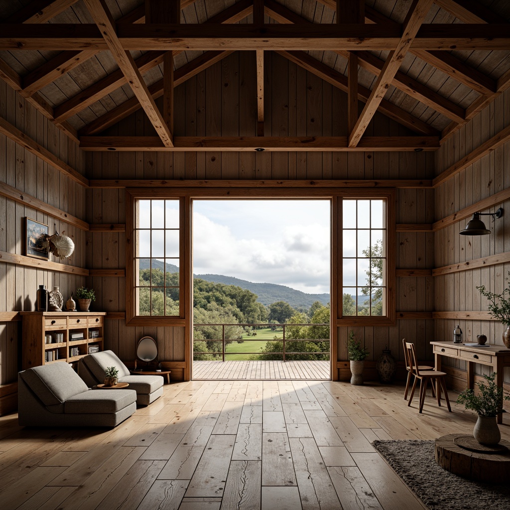 Prompt: Rustic barn, wooden accents, exposed beams, industrial metal frames, large glass windows, minimalist decorations, functional simplicity, natural light pouring in, cozy interior atmosphere, vintage rural charm, distressed wood textures, earthy color palette, rolling hills background, cloudy sky, warm soft lighting, shallow depth of field, 1/1 composition, symmetrical framing, realistic wood grain, ambient occlusion.