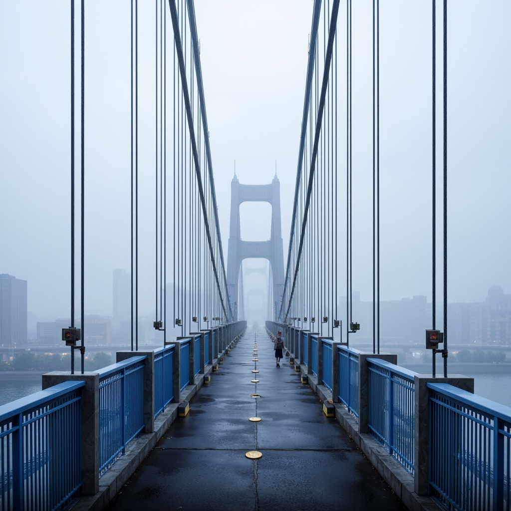 Prompt: Futuristic suspension bridge, gleaming steel cables, durable carbon fiber deck, translucent polycarbonate railings, iridescent LED lighting, misty morning atmosphere, soft focus background, shallow depth of field, 1/2 composition, symmetrical framing, vibrant blue accents, modern infrastructure design, sustainable urban planning, eco-friendly concrete piers, angular support columns, sleek metallic textures, ambient occlusion.