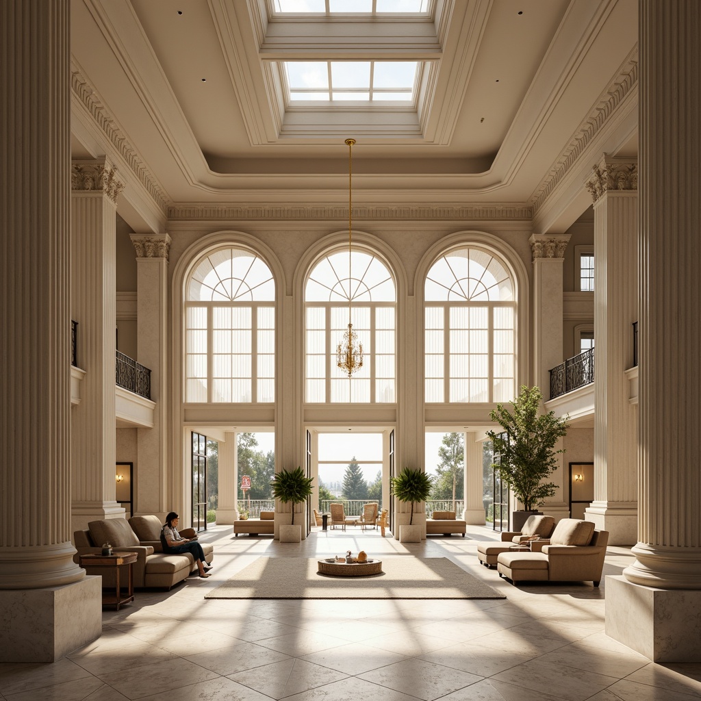 Prompt: Elegant neoclassical fa\u00e7ade, grand entrance, ornate columns, symmetrical composition, large windows, high ceilings, crystal chandeliers, marble floors, natural stone walls, subtle color palette, warm beige tones, soft diffused lighting, abundant natural light, north-facing orientation, minimal window treatments, sheer curtains, refined architectural details, classic moldings, ornate furnishings, luxurious fabrics, sophisticated ambiance, daylight harvesting, clerestory windows, skylights, reflective surfaces, minimal shading devices.