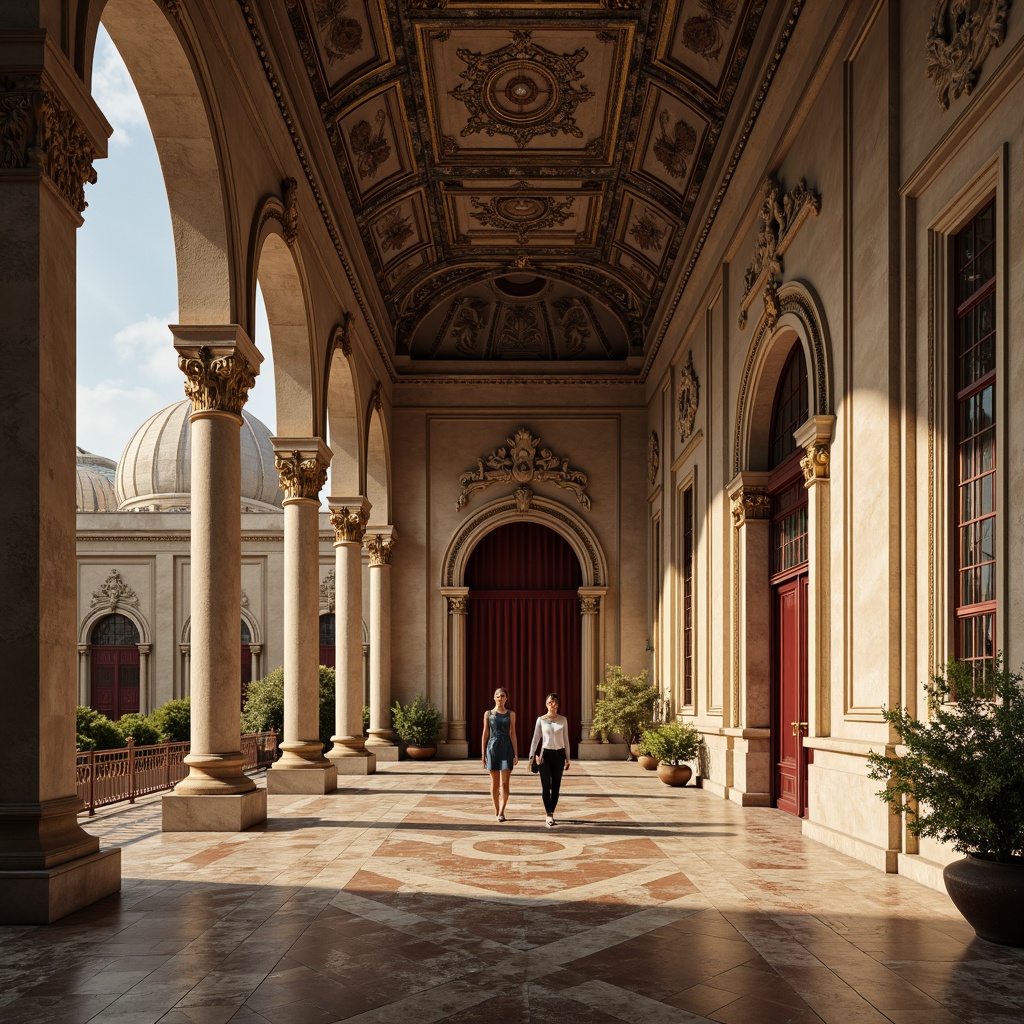 Prompt: Grandiose classical columns, ornate carvings, intricately patterned marble floors, lavish velvet drapes, gilded moldings, rustic stone walls, smooth limestone fa\u00e7ades, subtle gradient skies, warm golden lighting, soft focus, 1/2 composition, symmetrical framing, ornamental details, refined stucco textures, elegant archways, majestic domes, solemn atmosphere, nostalgic ambiance.