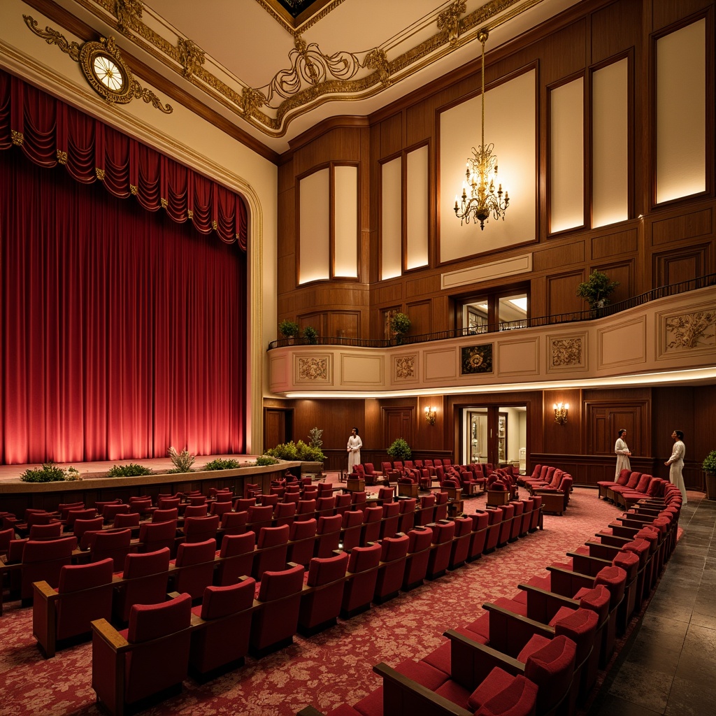 Prompt: Luxurious auditorium, rich velvet drapes, warm golden lighting, plush red seats, ornate wooden panels, intricate carvings, grand chandeliers, majestic high ceilings, soft cream-colored walls, elegant marble floors, sophisticated dark wood tones, subtle metallic accents, refined burgundy carpets, dramatic spotlights, 1/1 composition, cinematic atmosphere, realistic reflections.