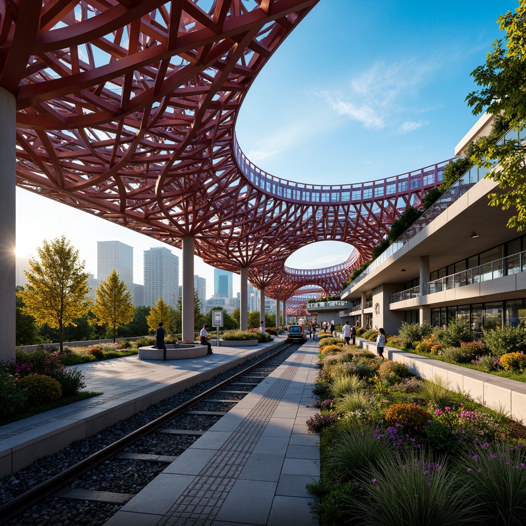 Prompt: Vibrant metro station, futuristic fa\u00e7ade design, dynamic curves, sweeping arches, modular structures, iridescent colors, glowing LED lights, kinetic patterns, organic shapes, bioluminescent accents, high-tech materials, sustainable energy systems, green roofs, urban oasis, bustling cityscape, afternoon sunlight, soft warm lighting, shallow depth of field, 1/2 composition, cinematic view, realistic textures, ambient occlusion.Let me know if this meets your requirements!