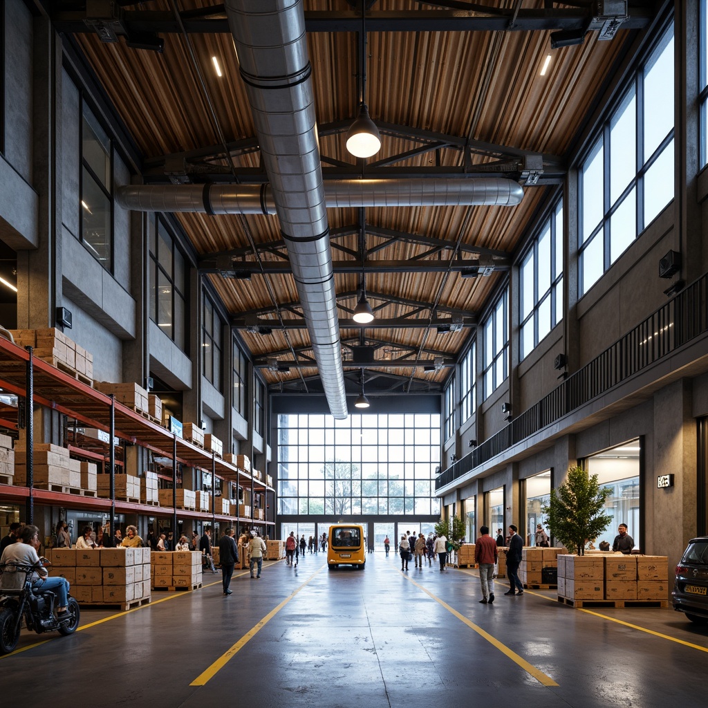 Prompt: Rustic industrial warehouse, exposed ductwork, metal beams, concrete flooring, high ceilings, overhead crane systems, racking systems, palletized storage, forklift traffic, busy logistics atmosphere, modern fusion architecture, curved lines, dynamic shapes, transparent glass walls, natural light infusion, softbox lighting, 1/2 composition, symmetrical framing, realistic reflections, ambient occlusion.