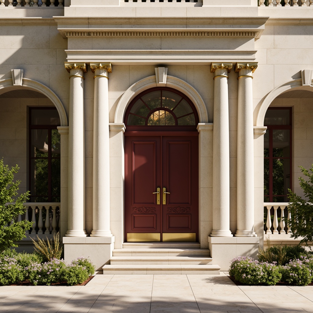 Prompt: Elegant neoclassical facade, soft beige stone walls, ornate columns, subtle cream accents, rich burgundy doors, polished brass hardware, refined golden lighting, majestic archways, symmetrical composition, harmonious color palette, muted earth tones, serene atmosphere, warm sunny day, gentle shadows, 1/2 composition, shallow depth of field, realistic textures, ambient occlusion.