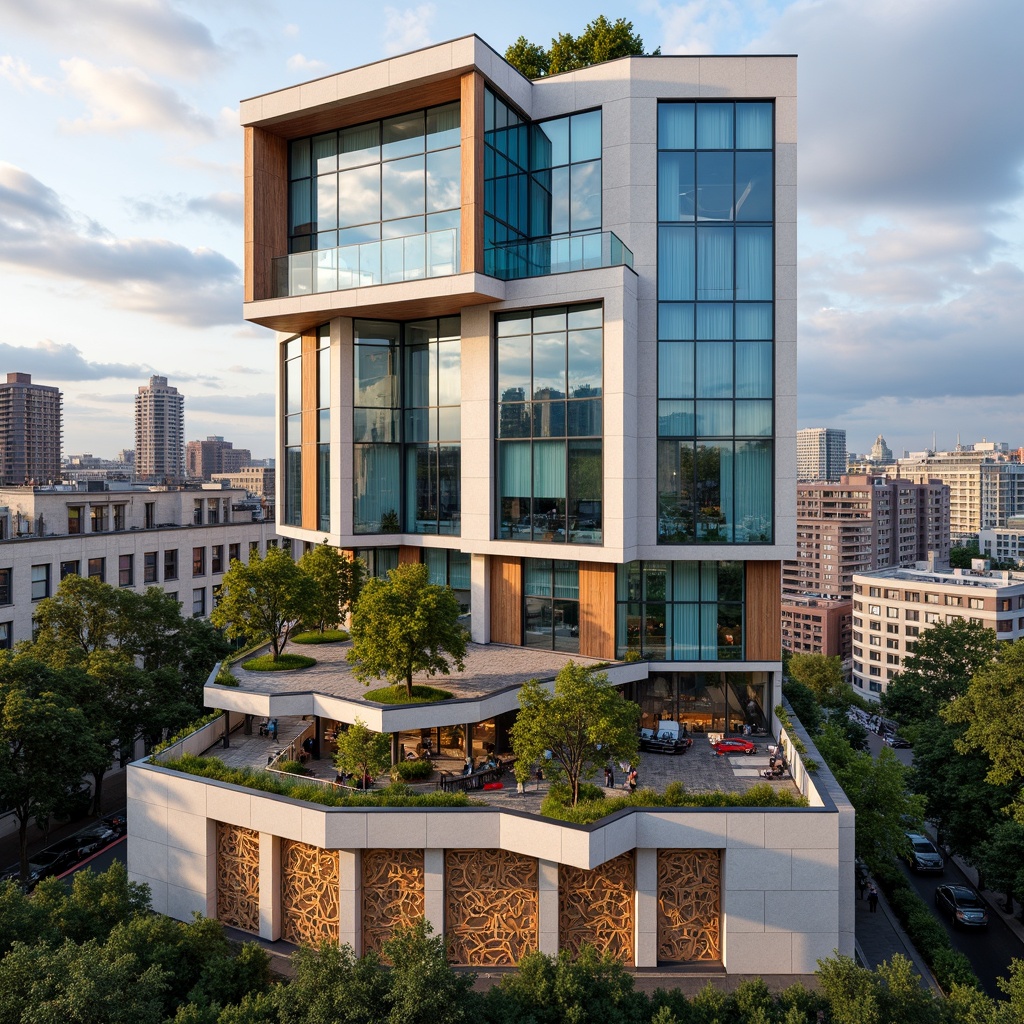 Prompt: Vibrant modern architecture, sleek glass facades, neutral beige tones, rich wood accents, deep blue hues, warm golden lighting, intricate stone carvings, lush green rooftops, urban cityscape, cloudy sky, soft natural textures, 1/2 composition, realistic reflections, ambient occlusion.