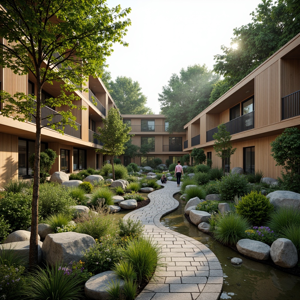 Prompt: Harmonious landscape integration, naturalistic surroundings, lush green roofs, vertical gardens, water features, walking trails, native plant species, meandering pathways, curved lines, organic forms, sustainable design principles, eco-friendly materials, seamless transitions, blurred boundaries, rustic stone walls, wooden accents, earthy tones, soft diffused lighting, warm color palette, shallow depth of field, 2/3 composition, atmospheric perspective.