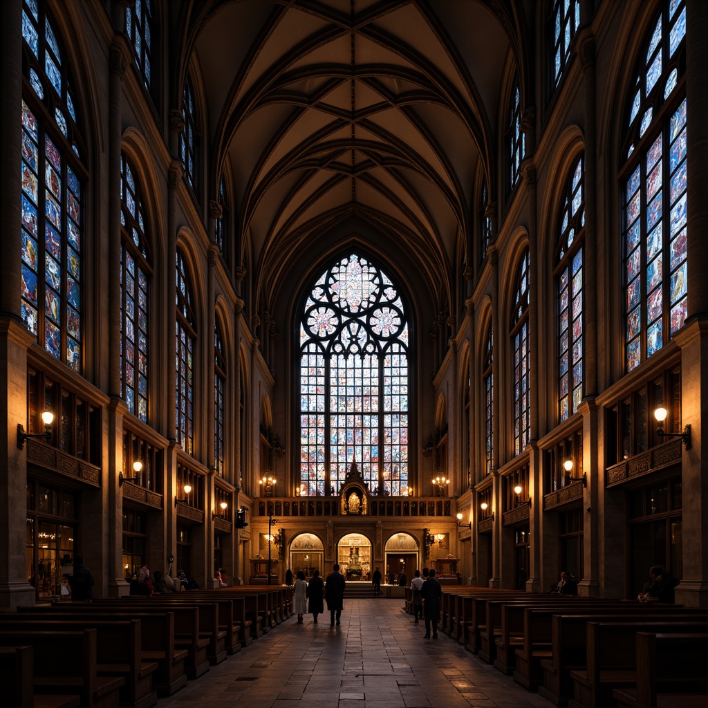 Prompt: Intricate stained glass windows, majestic pointed arches, ribbed vaults, flying buttresses, ornate tracery, grandiose rose windows, tall slender columns, elaborate stone carvings, mysterious ambient lighting, dramatic vertical emphasis, 1/1 composition, high contrast ratio, warm golden hour, soft diffused light, atmospheric perspective, richly textured surfaces.