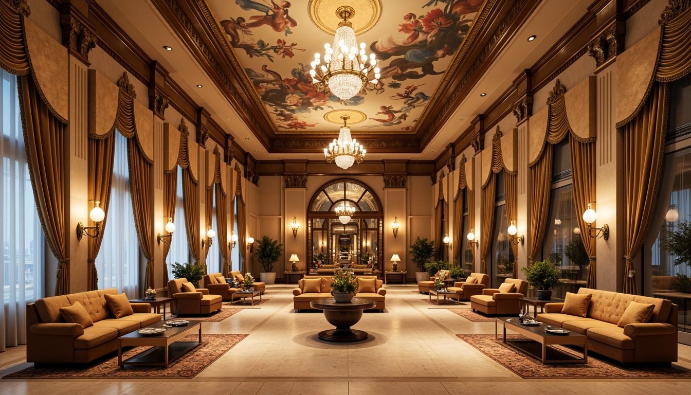 Prompt: Luxurious hotel lobby, ornate Renaissance-style columns, intricate fresco ceiling, grand chandelier, plush velvet sofas, rich brocade fabrics, golden accents, warm beige marble floors, lavish drapery, tassel trim, ornamental mirrors, crystal sconces, soft warm lighting, shallow depth of field, 3/4 composition, panoramic view, realistic textures, ambient occlusion.