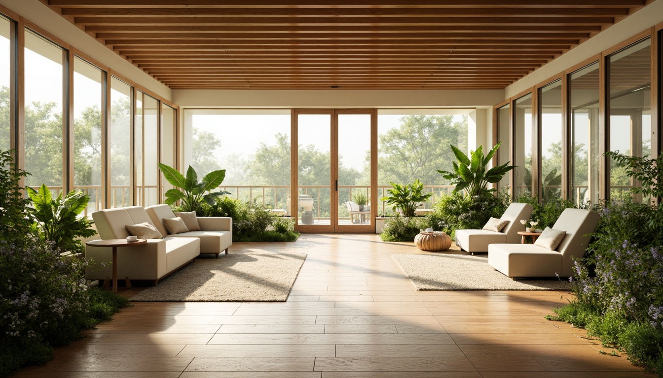 Prompt: Serene rehabilitation center, large windows, abundant natural light, soothing interior ambiance, calming color palette, wooden flooring, minimalist decor, comfortable seating areas, lush greenery, tropical plants, warm sunny day, soft gentle lighting, shallow depth of field, 3/4 composition, panoramic view, realistic textures, ambient occlusion.