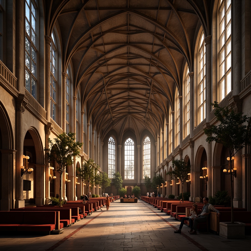 Prompt: Majestic cathedral interior, vaulted ceilings, ribbed arches, stained glass windows, intricate stone carvings, grand chandeliers, ornate furnishings, rich velvet drapes, mysterious ambiance, warm golden lighting, dramatic shadows, 1/1 composition, symmetrical framing, atmospheric perspective, realistic textures, subtle ambient occlusion.