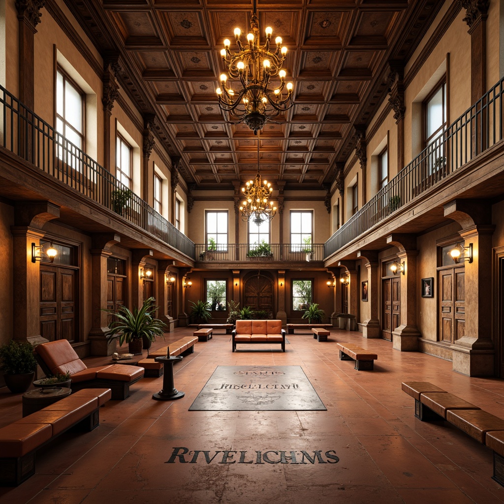 Prompt: Renaissance-style gymnasium interior, rich wood accents, ornate plaster ceilings, grand chandeliers, warm terracotta flooring, vintage athletic equipment, distressed leather benches, classical columns, arched windows, soft warm lighting, earthy tones, muted gold highlights, elegant typography, subtle texture overlays, atmospheric perspective, 1/1 composition, realistic render.