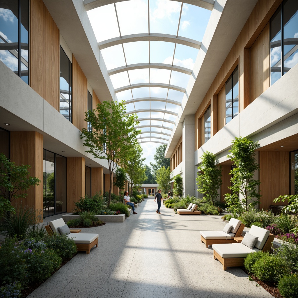 Prompt: Spacious healthcare center, large windows, clerestory roofs, skylights, transparent ceilings, minimalist interior design, calming color palette, soothing natural textures, warm wooden accents, comfortable seating areas, lush greenery, living walls, abundant plants, soft diffused lighting, indirect sunlight, 1/1 composition, shallow depth of field, panoramic view, realistic reflections, ambient occlusion.