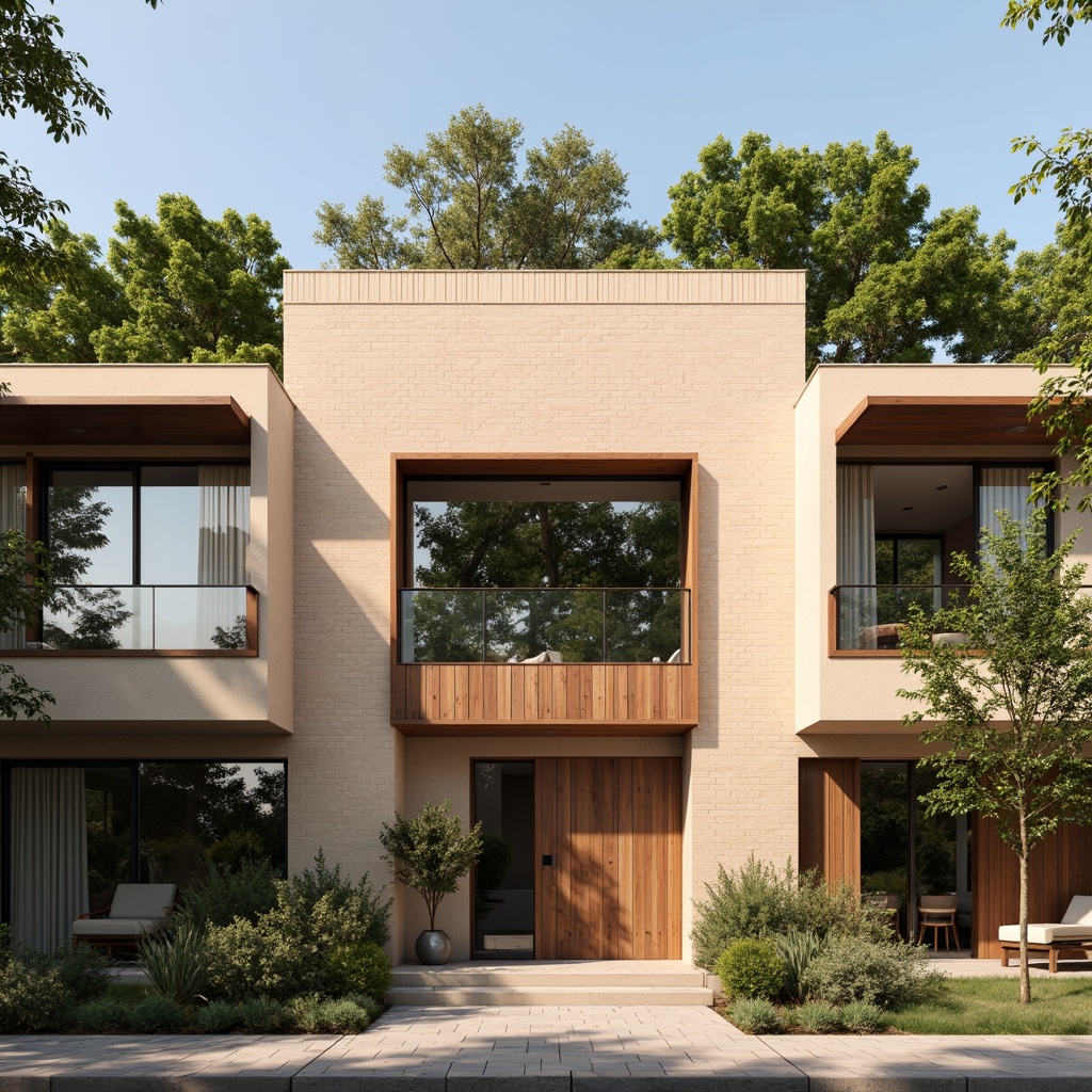 Prompt: Harmonious building facade, earthy tone brick walls, soft cream-colored accents, rich wooden textures, subtle metallic reflections, natural stone flooring, vibrant green roofs, calming blue-gray skies, warm sunny day, soft diffused lighting, 1/1 composition, realistic renderings, ambient occlusion, detailed architectural details.