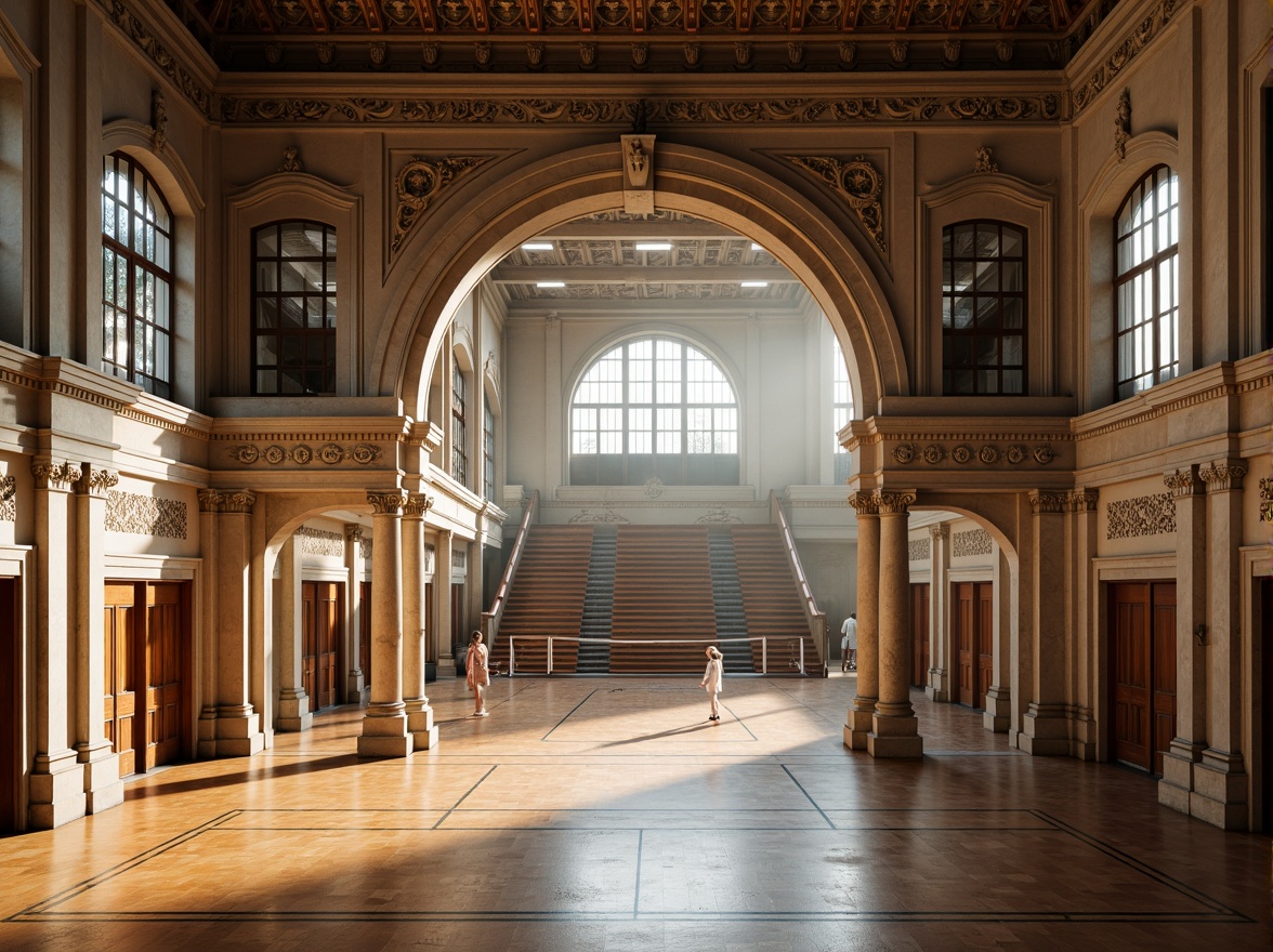 Prompt: Renaissance-style gymnasium, grand arched entrance, ornate stone carvings, classical columns, symmetrical fa\u00e7ade, high ceilings, large windows, natural light pouring in, elegant wooden floors, athletic equipment, basketball hoops, volleyball nets, spectator seating, decorative moldings, rusticated quoins, Tuscan pilasters, Corinthian capitals, soft warm lighting, shallow depth of field, 1/1 composition, realistic textures, ambient occlusion.