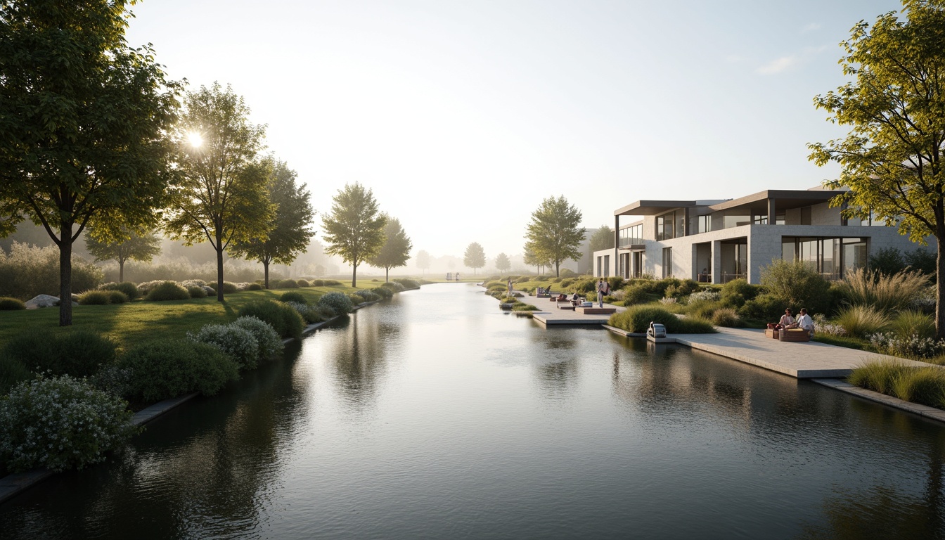 Prompt: Scenic riverbank, lush vegetation, gentle water flow, modern waterfront architecture, large glass windows, minimalistic design, natural stone cladding, wooden decks, outdoor seating areas, cantilevered roofs, panoramic views, soft morning lighting, misty atmosphere, shallow depth of field, 1/2 composition, realistic reflections, ambient occlusion.