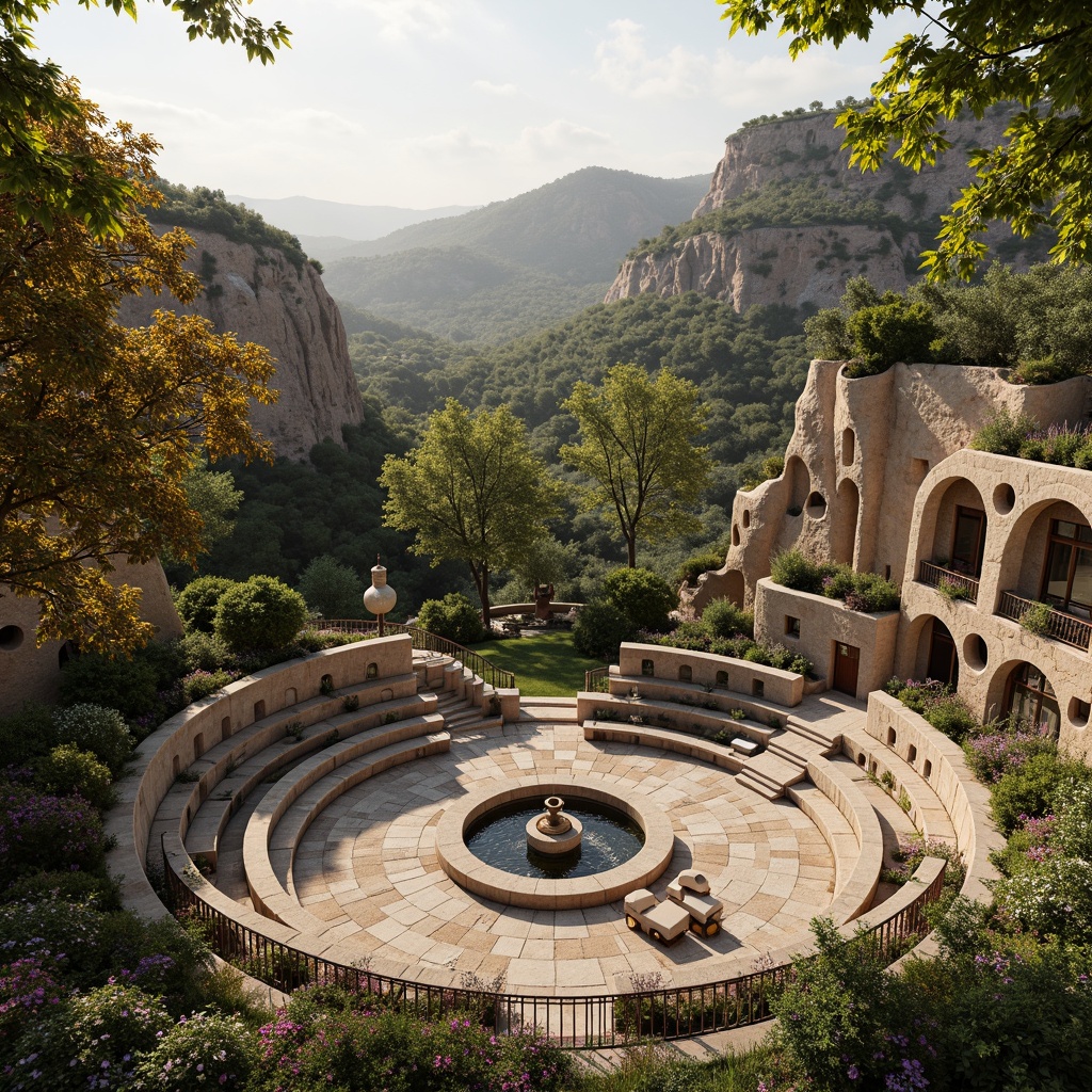 Prompt: Amphitheater landscape, eclectic architecture, curved stone seating, lush greenery, vibrant flowers, meandering walkways, natural rock formations, tiered levels, panoramic views, warm golden lighting, dramatic shadows, 1/1 composition, symmetrical balance, ornate metal railings, rustic wooden accents, earthy tone color palette, organic shapes, whimsical water features, splashing fountains, artistic sculptures, eclectic furniture designs.