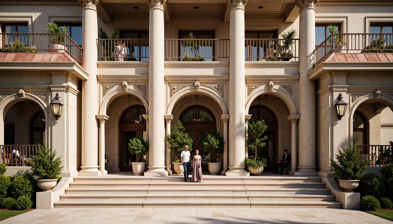 Prompt: Grand library facade, neoclassical architecture, ornate stone carvings, Corinthian columns, symmetrical composition, grand entrance, arched windows, balconies with intricate metalwork, copper roofing, subtle earthy tones, creamy marble surfaces, rich wood accents, classical sculptures, elegant lanterns, soft natural lighting, shallow depth of field, 2/3 composition, realistic textures, ambient occlusion.