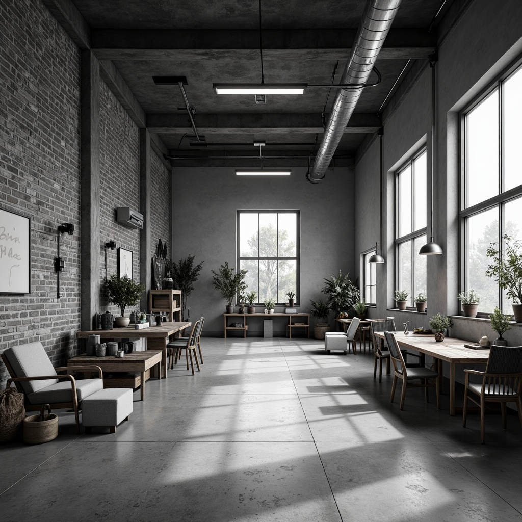 Prompt: Monochromatic workshop interior, industrial concrete floors, exposed brick walls, metallic accents, reclaimed wood furniture, minimal decorative elements, functional lighting fixtures, simple typography signage, sparse greenery, neutral color palette, natural textures, subtle shadows, softbox lighting, shallow depth of field, 1/1 composition, realistic renderings, ambient occlusion.