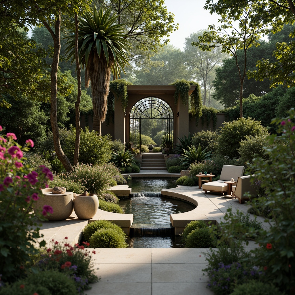 Prompt: Whimsical botanical gardens, ornate iron gates, sinuous stone walls, flowing water features, delicate flower patterns, intricate organic details, fluid lines, biomorphic shapes, luxurious materials, rich jewel tones, velvety textures, soft warm lighting, shallow depth of field, 1/2 composition, intimate viewpoint, realistic renderings, ambient occlusion.