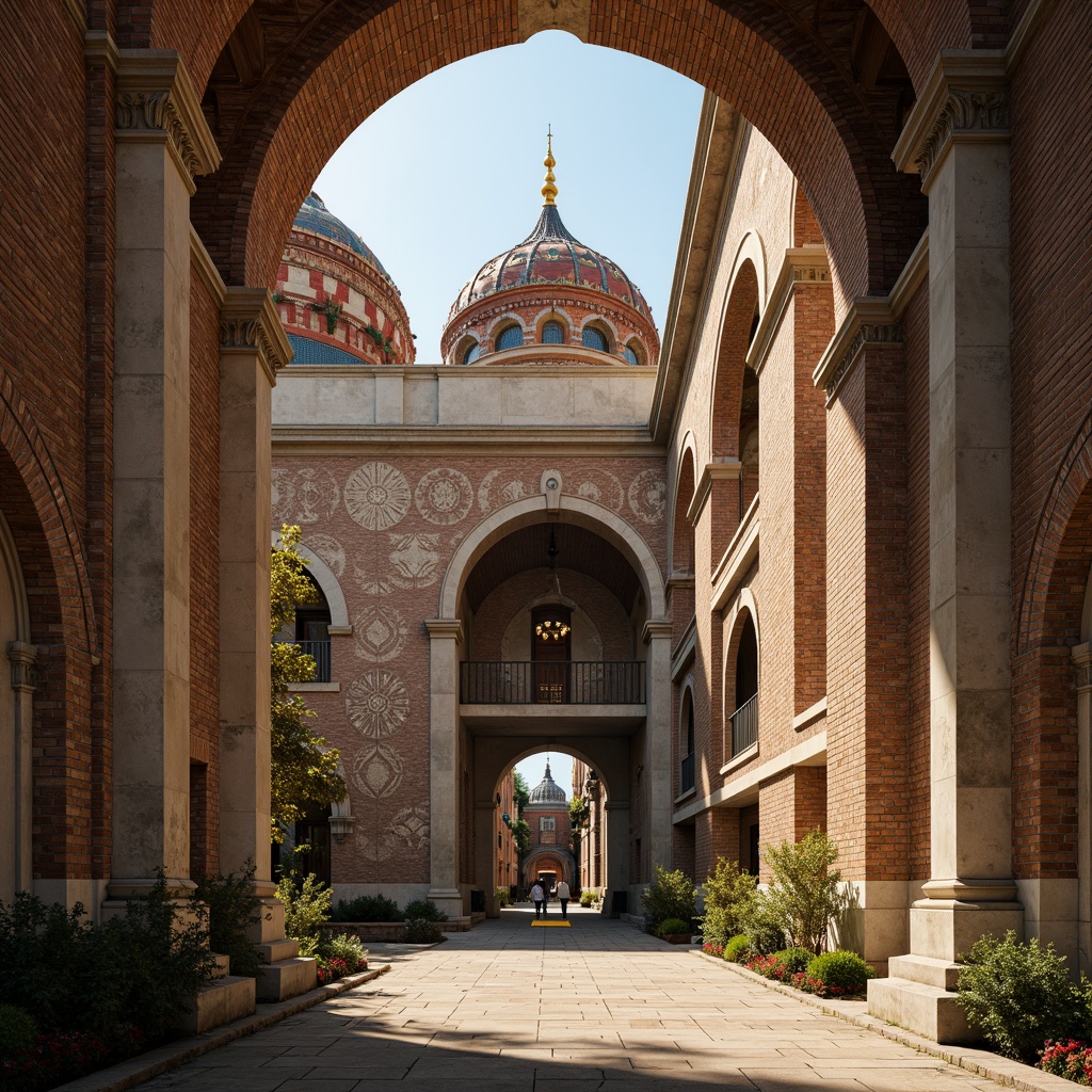 Prompt: Intricate stone carvings, ornate arches, grand domes, rustic brickwork, weathered stone facades, Byzantine-inspired ornaments, richly textured stonework, vibrant mosaic patterns, gilded accents, ornamental columns, grand entranceways, solemn atmosphere, warm golden lighting, shallow depth of field, 2/3 composition, symmetrical framing, realistic textures, ambient occlusion.