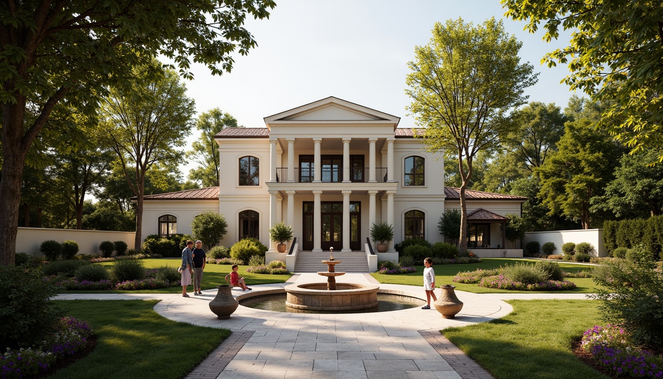 Prompt: Elegant neoclassical villa, symmetrical fa\u00e7ade, ornate columns, grand entrance, manicured lawns, majestic trees, serene fountain, meandering pathways, rustic stone walls, refined iron gates, classical sculptures, vibrant flower arrangements, soft warm lighting, shallow depth of field, 3/4 composition, panoramic view, realistic textures, ambient occlusion.