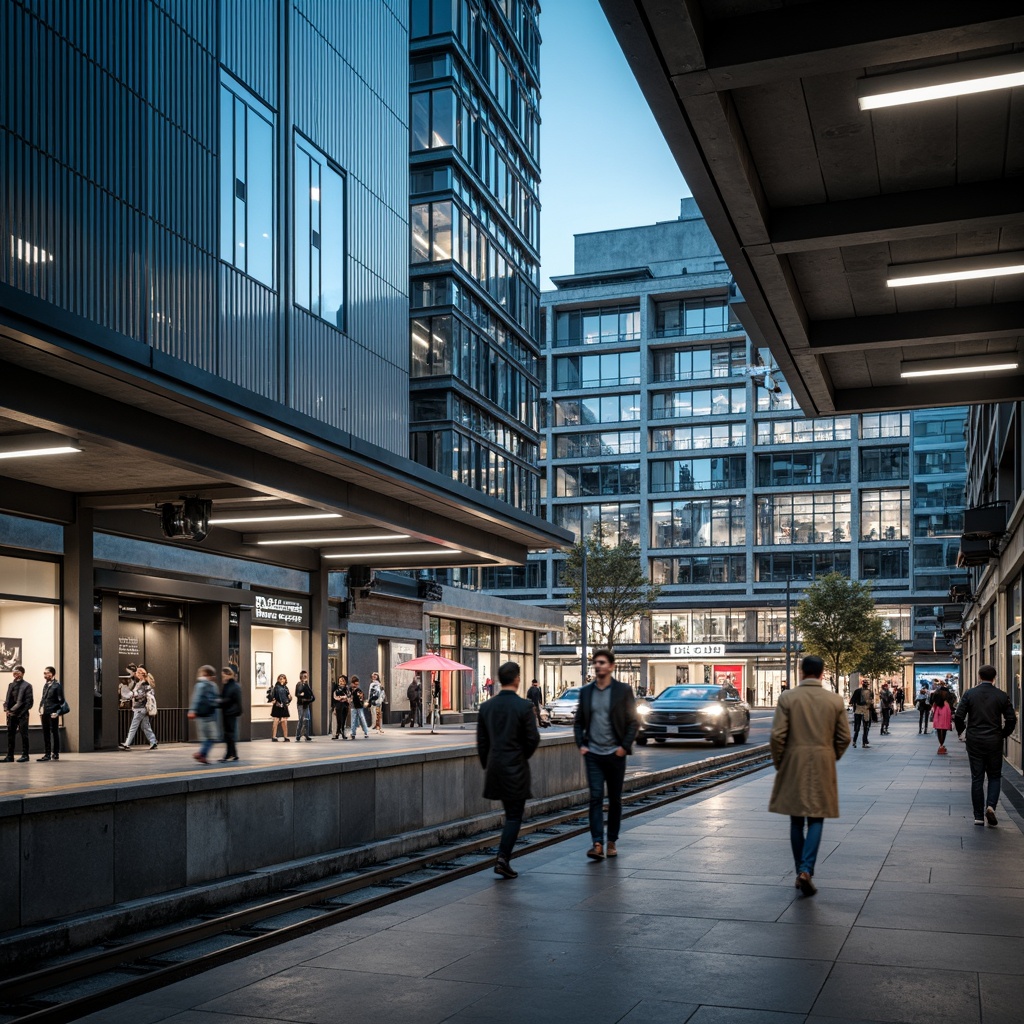 Prompt: Modern train station, sleek glass fa\u00e7ade, minimalist design, rectangular forms, cantilevered roofs, large windows, sliding doors, steel beams, exposed ductwork, polished concrete floors, industrial-style lighting, urban landscape, bustling city atmosphere, rush hour scenes, commuters in motion, dynamic blur effect, shallow depth of field, 1/2 composition, realistic textures, ambient occlusion.