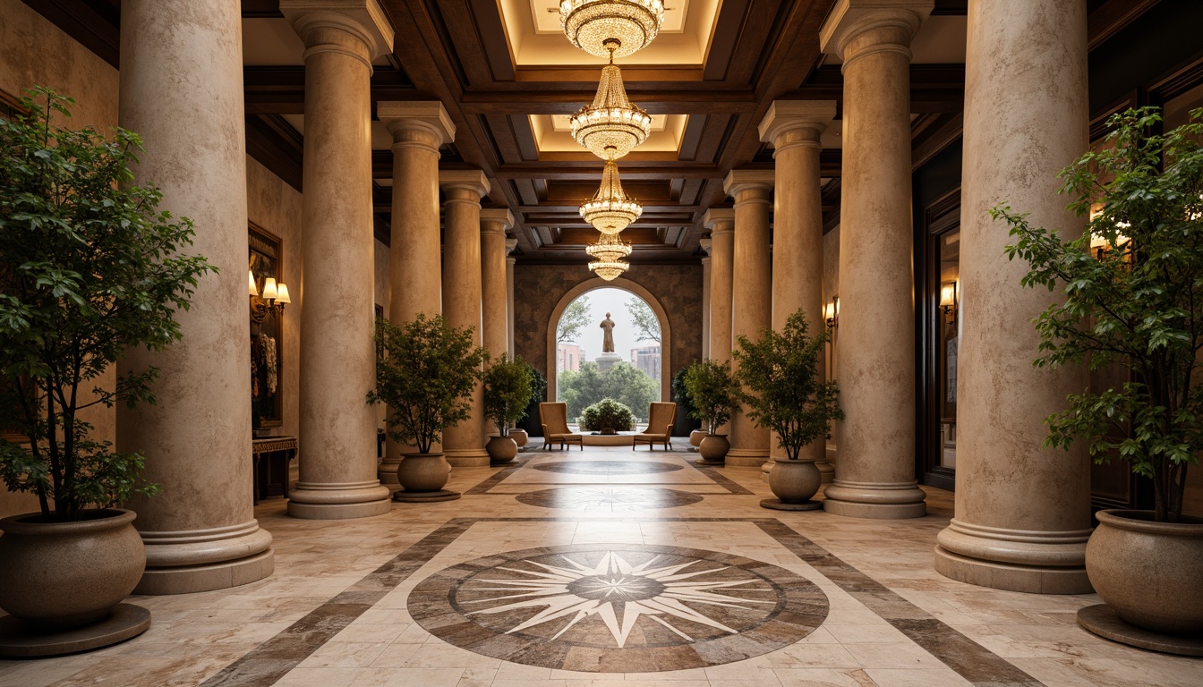 Prompt: Grand entrance hall, ornate stone columns, intricately carved marble flooring, luxurious crystal chandeliers, sophisticated interior design, natural stone walls, rustic texture, earthy tone, ambient warm lighting, shallow depth of field, 1/1 composition, realistic textures, ambient occlusion.