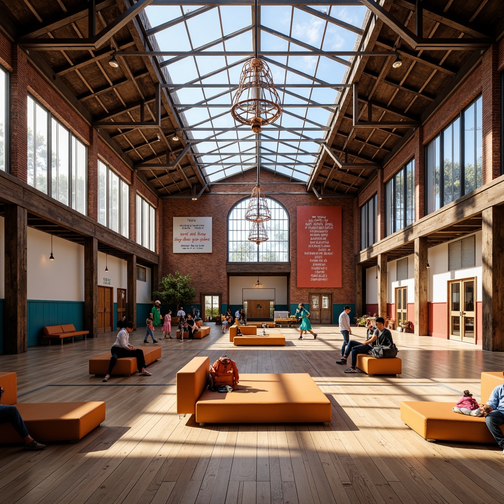 Prompt: Vibrant gymnasium interior, eclectic design fusion, exposed brick walls, polished wooden floors, rustic metal beams, grandeur high ceilings, clerestory windows, abundant natural light, soft warm ambiance, dramatic shadow play, 1/2 composition, shallow depth of field, realistic textures, ambient occlusion, modern chandeliers, industrial pendant lights, colorful athletic equipment, motivational quotes, minimalist seating areas, reclaimed wood accents, earthy color palette, energizing atmosphere.