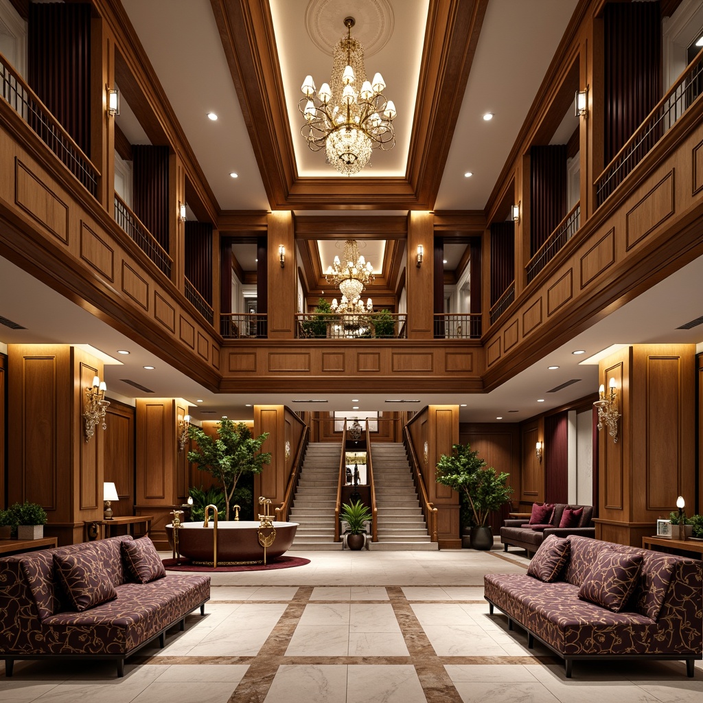 Prompt: Luxurious hotel lobby, ornate chandeliers, rich wood paneling, marble floors, velvet drapes, golden accents, intricate carvings, grand staircases, crystal sconces, plush furnishings, tufted upholstery, decorative moldings, warm color palette, soft ambient lighting, high ceilings, spacious rooms, lavish bathrooms, freestanding tubs, rain showerheads, elegant fixtures, sophisticated textures, refined patterns.