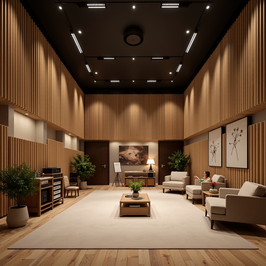 Prompt: Modern recording studio, soundproofed walls, acoustic panels, wooden diffusers, professional audio equipment, high-ceiling, minimalist decor, neutral color palette, comfortable seating, ambient soft lighting, warm wood accents, sound-absorbing materials, precise sound reflection, 1/1 composition, shallow depth of field, realistic textures.