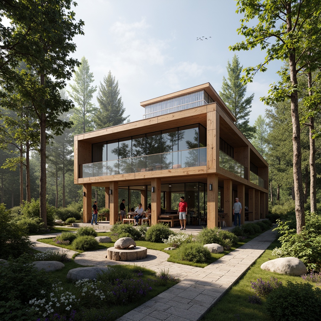 Prompt: Eco-friendly visitor center, recycled wood accents, living green walls, solar panels, rainwater harvesting systems, natural stone flooring, low-VOC paints, energy-efficient lighting, reclaimed metal beams, bamboo furniture, organic textures, earthy color palette, serene forest surroundings, misty morning atmosphere, soft diffused light, 1/1 composition, realistic rendering, ambient occlusion.