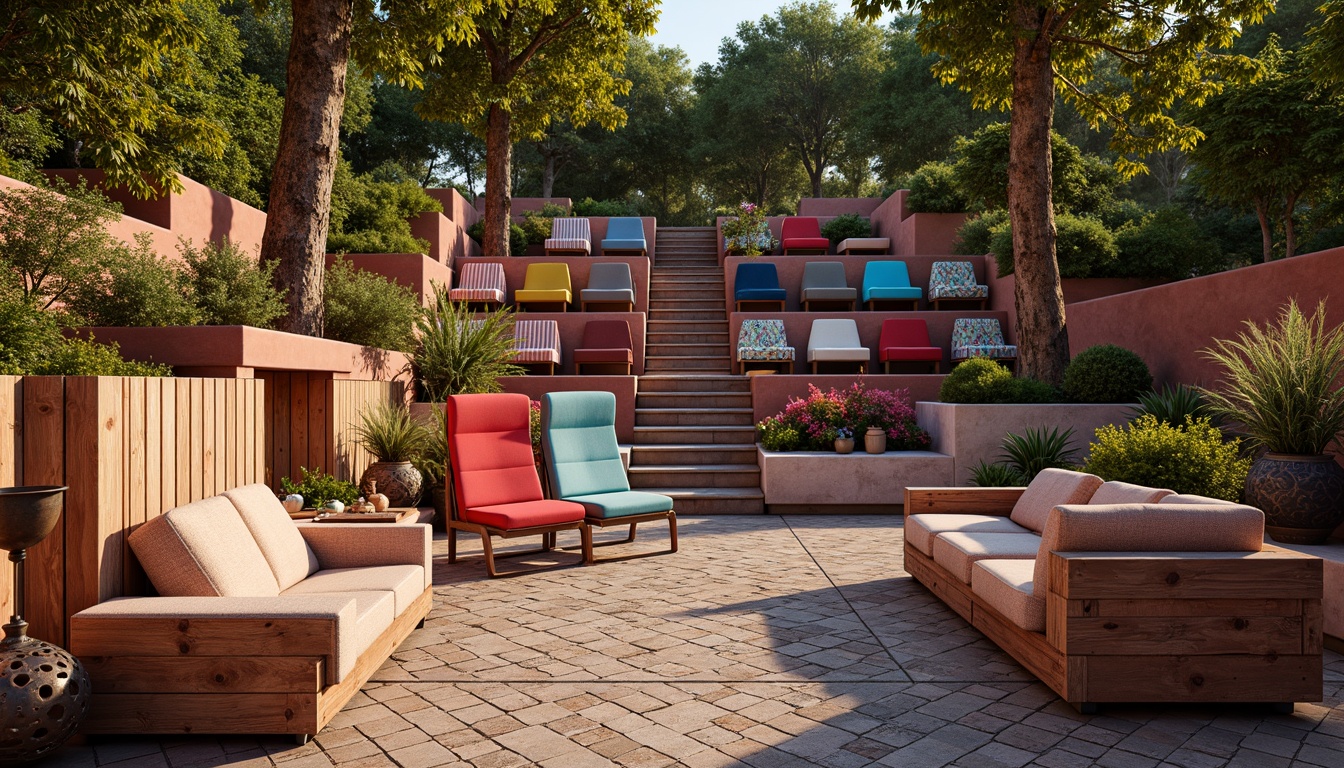 Prompt: Vibrant amphitheater, eclectic seating arrangement, colorful mismatched chairs, distressed wood benches, plush velvet couches, Moroccan-inspired tiles, ornate metal lanterns, lush greenery, whimsical fabric patterns, natural stone steps, curved rows, asymmetrical layout, warm golden lighting, dramatic shadows, 1/1 composition, intimate atmosphere, realistic textures, ambient occlusion.