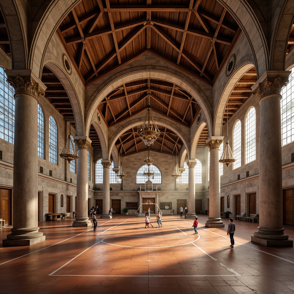 Prompt: Grand gymnasium, Renaissance-style columns, ornate capitals, architraves, vaulted ceiling, natural stone walls, terracotta flooring, wooden sports equipment, basketball hoops, athletic tracks, medieval-inspired chandeliers, stained glass windows, warm soft lighting, shallow depth of field, 1/2 composition, symmetrical view, realistic textures, ambient occlusion.