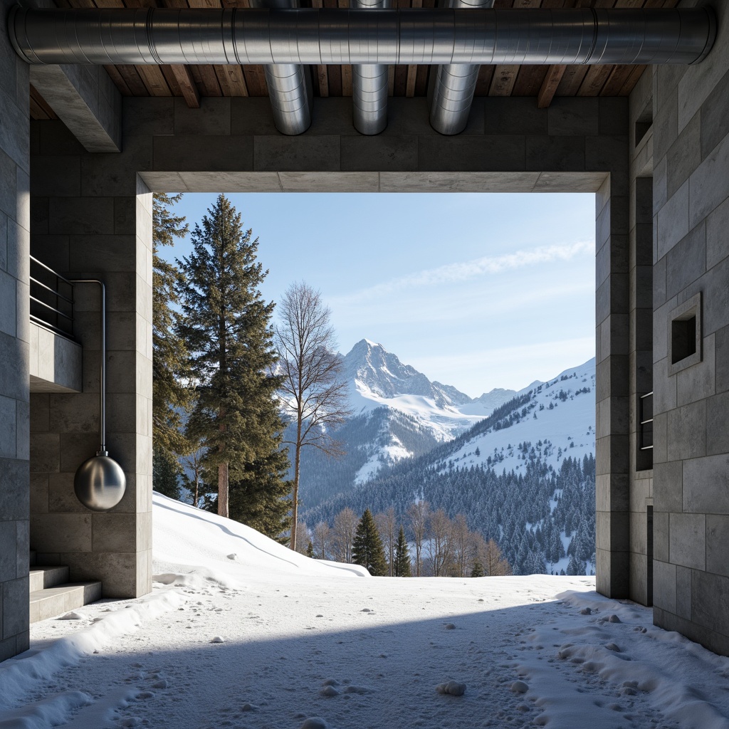 Prompt: Rugged ski center, brutalist architecture, raw concrete walls, exposed ductwork, industrial steel beams, minimalist aesthetic, functional design, angular lines, geometric forms, stark lighting, snow-capped mountains, frosty mornings, pine tree forests, icy slopes, adrenaline-fueled atmosphere, dynamic camera angles, high-contrast shadows, dramatic highlights, cinematic composition.