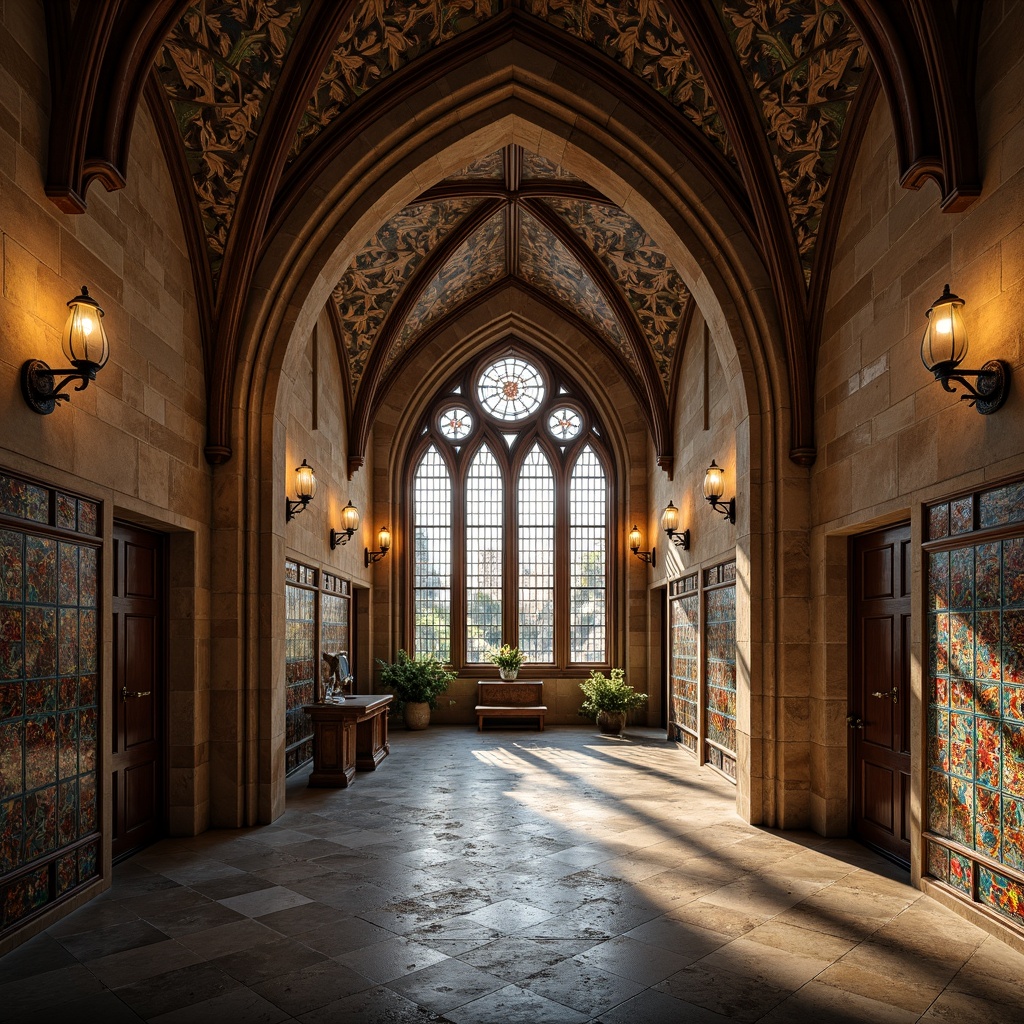 Prompt: Rustic stone walls, ornate archways, grandiose columns, intricate carvings, ornamental ironwork, Gothic-inspired vaulted ceilings, stained glass windows, vibrant mosaic tiles, earthy color palette, natural stone flooring, medieval-style lanterns, dramatic spot lighting, shallow depth of field, 1/1 composition, symmetrical framing, warm ambient occlusion.