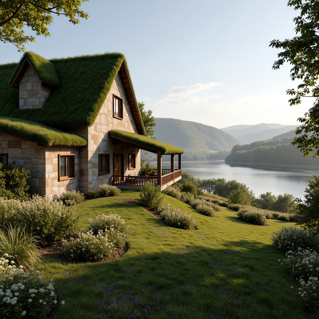 Prompt: Rustic rural farmhouse, natural stone walls, green roof, wooden beams, earthy color palette, rolling hills, lush meadows, wildflower fields, serene lakeside, misty morning, soft warm lighting, shallow depth of field, 3/4 composition, panoramic view, realistic textures, ambient occlusion.