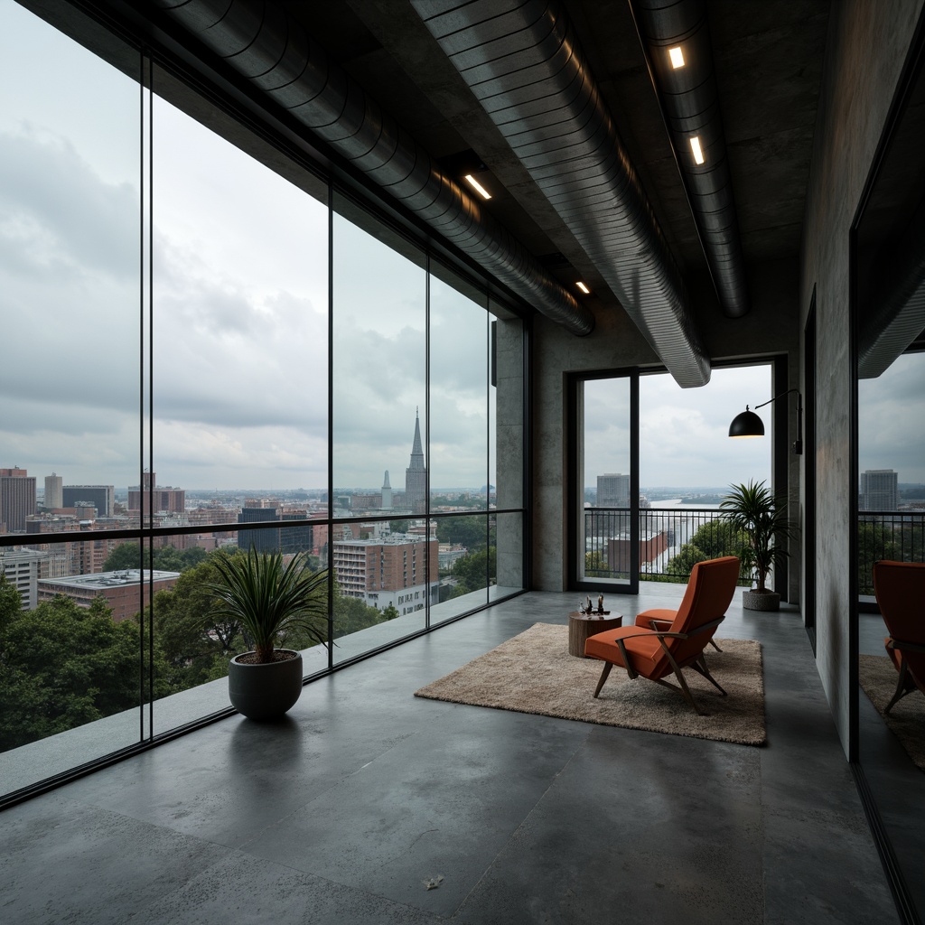 Prompt: Industrial-chic apartment, brutalist architecture, polycarbonate walls, concrete floors, exposed ductwork, minimalist decor, functional lighting, urban cityscape, cloudy grey sky, dramatic shadows, low-angle shot, cinematic composition, high-contrast lighting, realistic textures, ambient occlusion.