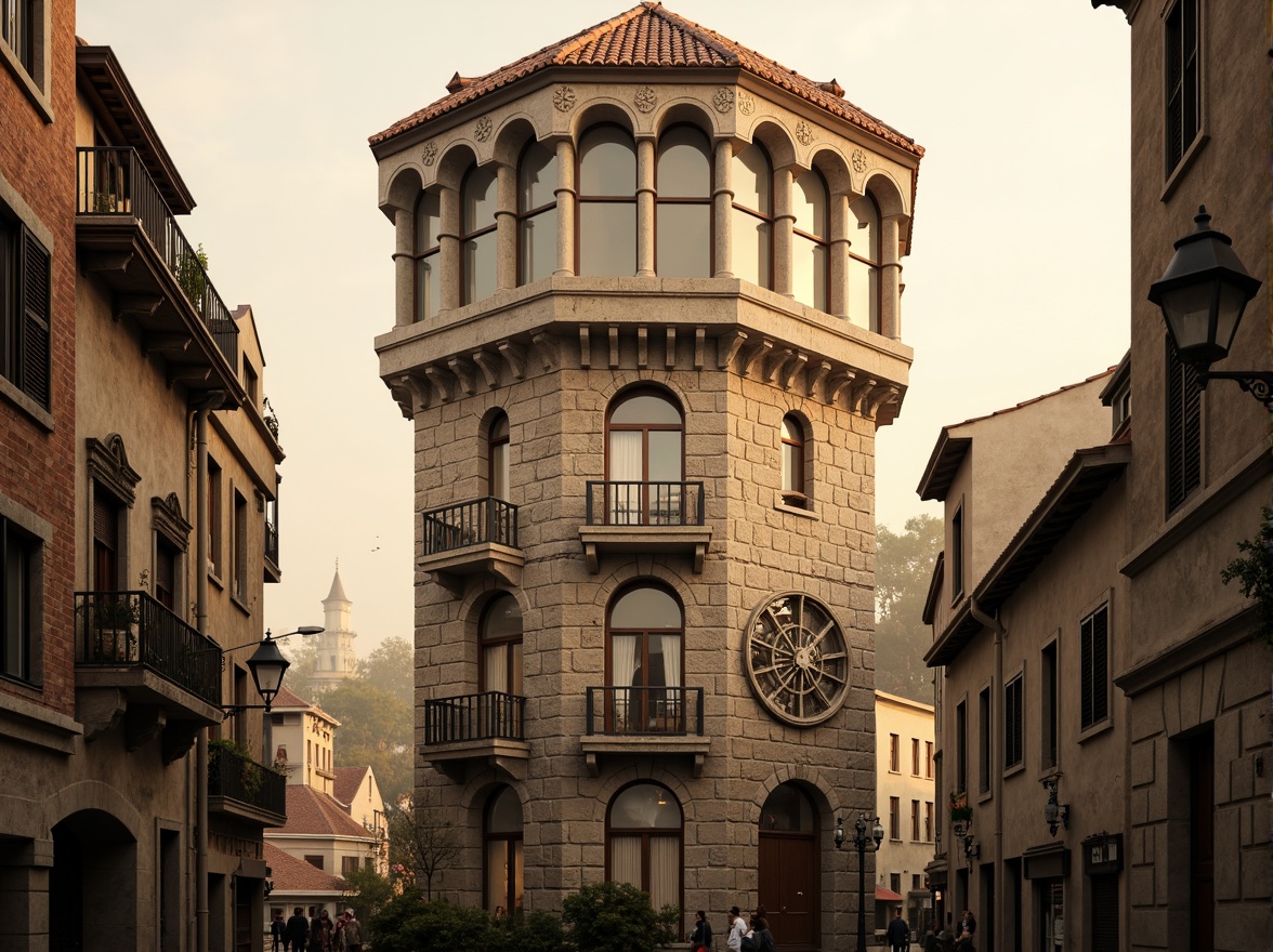 Prompt: Renaissance-inspired watchtower, ornate stone carvings, grandiose arched windows, terracotta rooftops, intricately designed clock faces, rusticated base, classical columns, ornamental balconies, decorative stucco work, warm golden lighting, soft misty atmosphere, medieval-inspired architecture, cobblestone streets, Italianate influence, symmetrical composition, 1/1 aspect ratio, high contrast, detailed textures, ambient occlusion.