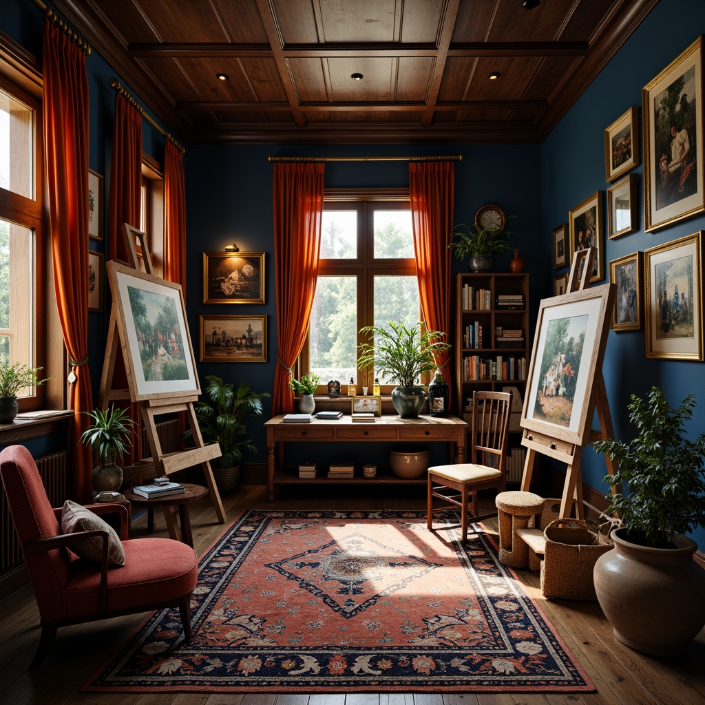 Prompt: Rich artistic studio, dimly lit atmosphere, Prussian blue dominant color, warm golden lighting, rustic wooden easels, vibrant orange accents, textured canvas, bold brushstrokes, eclectic artwork displays, ornate picture frames, luxurious velvet drapes, intricate patterned rugs, cozy reading nooks, soft instrumental background music, shallow depth of field, 1/1 composition, realistic textures, ambient occlusion.