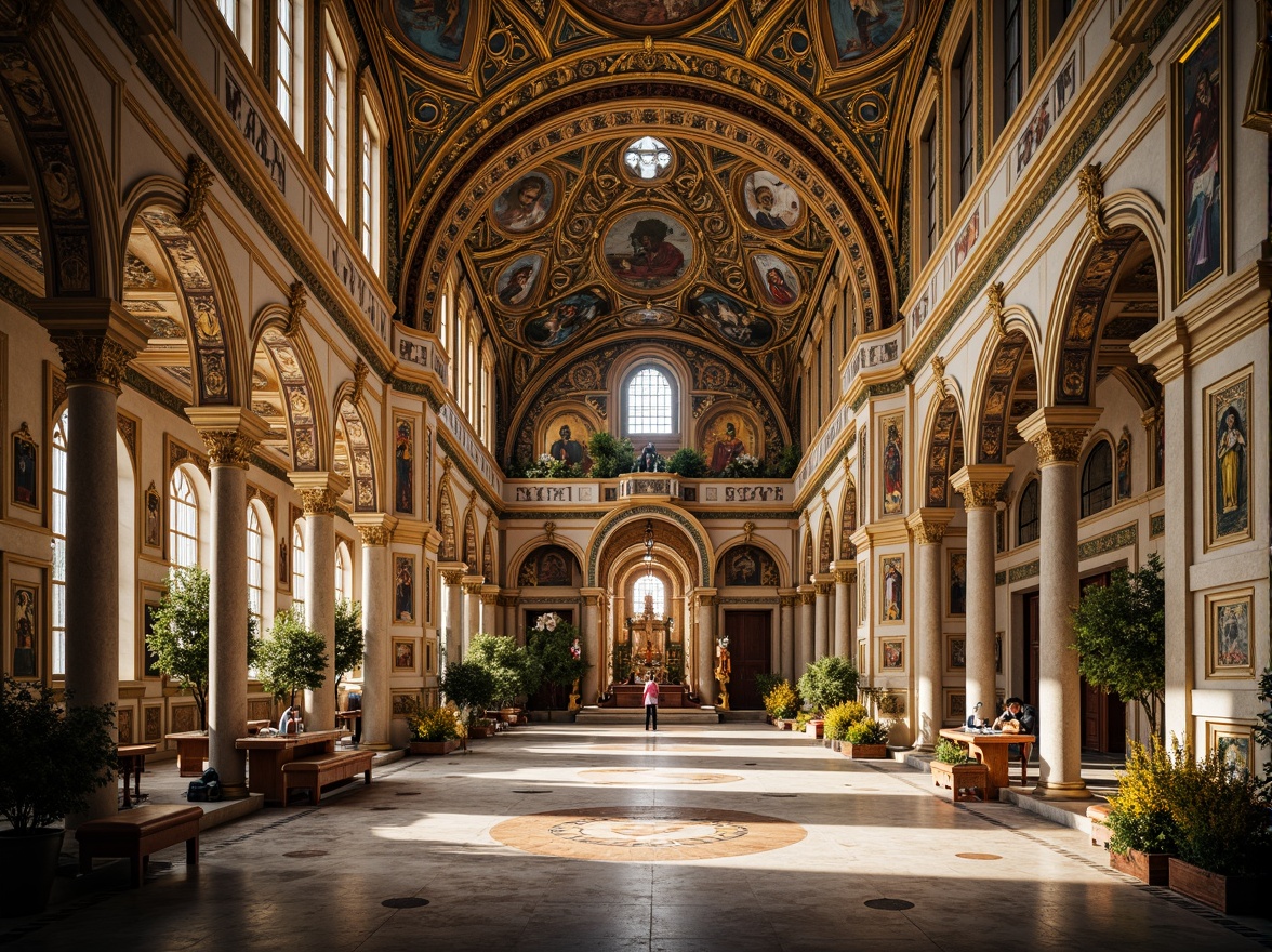 Prompt: \Intricately ornate monastery, golden domes, vibrant mosaics, intricate stone carvings, ornamental archways, lavish frescoes, gilded icons, ornate crucifixes, colorful ceramics, geometric patterns, marble floors, grandiose vaulted ceilings, soft warm lighting, shallow depth of field, 1/1 composition, realistic textures, ambient occlusion, mystical atmosphere, serene ambiance, peaceful surroundings, lush greenery, blooming flowers.\