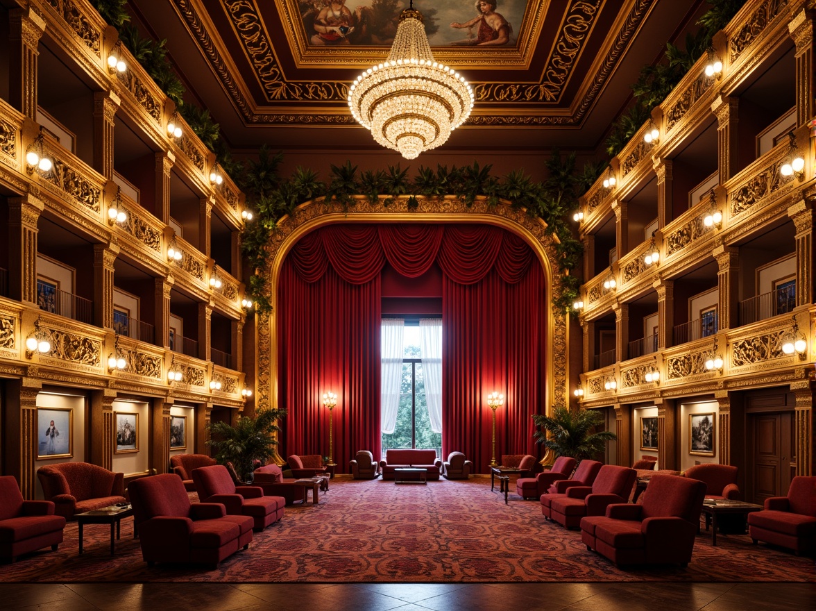 Prompt: Grand opera house interior, lavish red velvet curtains, ornate golden balconies, intricate moldings, crystal chandeliers, marble floors, luxurious seating areas, richly patterned carpets, Baroque-inspired architectural details, dramatic spotlights, warm soft lighting, 1/2 composition, realistic reflections, ambient occlusion, vibrant color palette, bold crimson accents, deep blues and emerald greens, ornate gilded frames, frescoed ceilings, regal atmosphere, opulent furnishings.