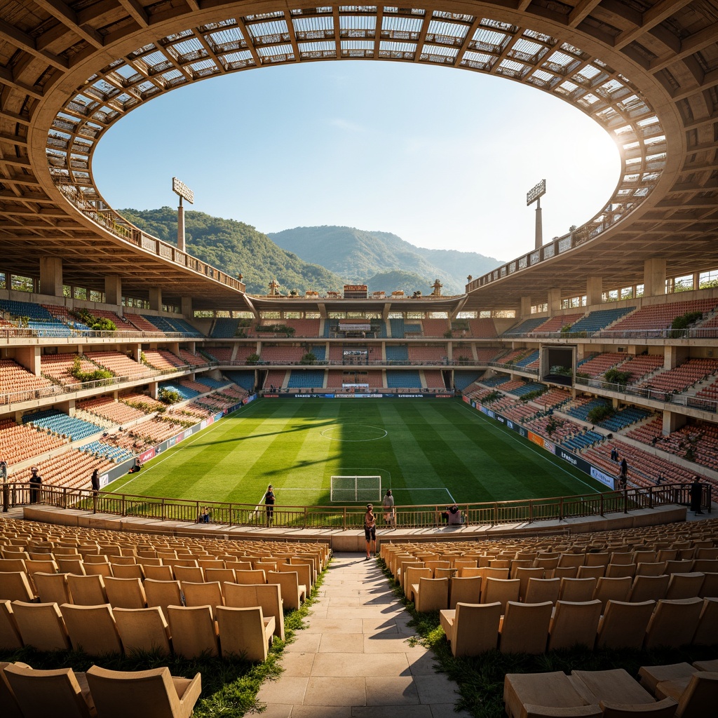 Prompt: Timeless soccer stadium, grandiose arches, ornate columns, classic stone facades, terracotta roof tiles, lush green grass, vibrant team colors, elegant curves, symmetrical composition, warm golden lighting, shallow depth of field, 1/1 ratio, realistic textures, ambient occlusion, Mediterranean-inspired architecture, earthy tones, beige seating, rich wood accents, bronze details, nostalgic atmosphere, sunny day, soft focus.Let me know if you need any adjustments!